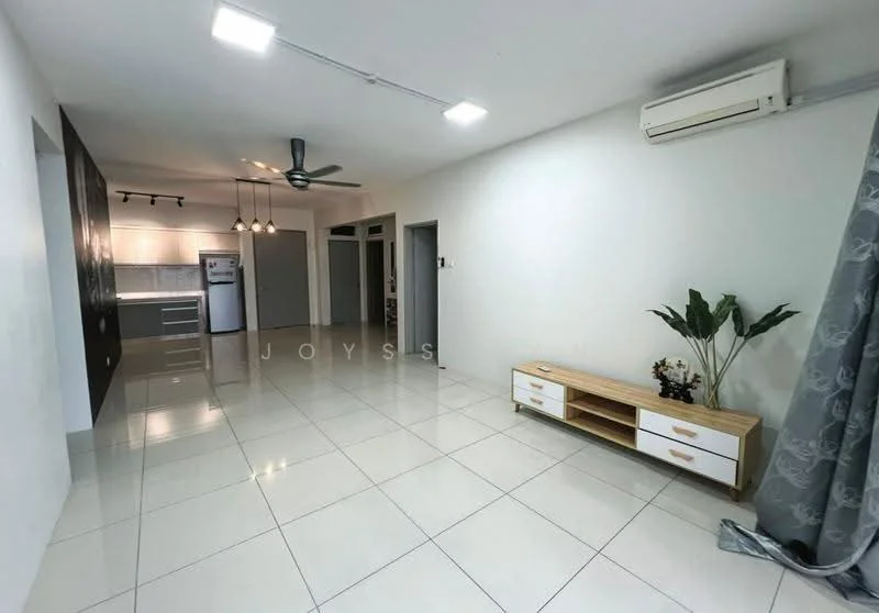 Living features: white painted walls, glossy ceramic tile flooring, 5-blade ceiling fan with light, wall-mounted split AC, TV console in light wood, decorative plant, curtains in grey, recessed lighting; style: modern. Kitchen features: white cabinetry, stainless-steel fridge, open layout to living area, countertop with bar seating, pendant lighting; style: modern.