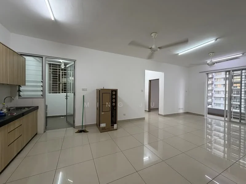 Living features: white painted walls, glossy ceramic tile flooring, 2 ceiling fans, recessed LED downlights, large windows with sliding glass door, open layout, neutral color scheme, space for furniture arrangement; style: modern. Kitchen features: wood cabinetry, black countertop, stainless-steel sink, single-bowl stainless-steel sink, built-in kitchen appliances, open layout to living area; style: modern.
