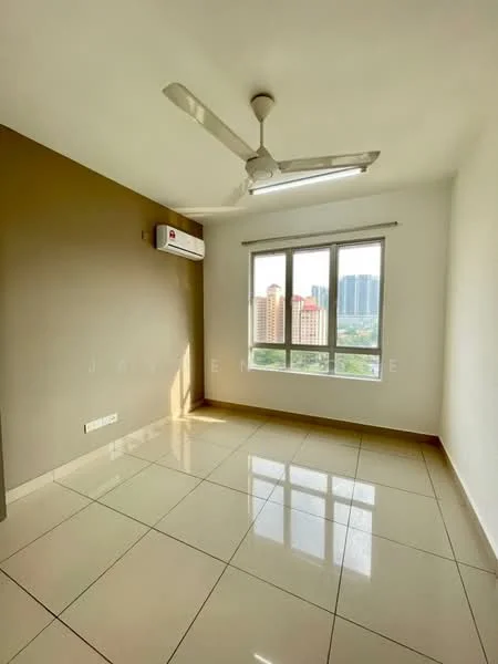 Bedroom features: cream painted walls, grey accent wall, glossy tile flooring, 5-blade ceiling fan, wall-mounted split AC, floor-to-ceiling windows, city view; style: modern; view: city.