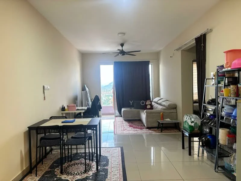 Living features: light beige painted walls, white ceiling, 5-blade ceiling fan with light, large window with city view, sliding glass door leading to balcony, cream L-shape sectional sofa, area rug with geometric pattern, dining table with 4 black chairs, metal shelving unit with various items, tile flooring, decorative wall clock; style: modern; view: city.