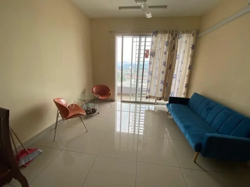 Living features: blue fabric sofa, 2 orange accent chairs, glass coffee table, white painted walls, glossy tile flooring, floor-to-ceiling windows, sheer curtains, ceiling fan with light, mountain view; style: modern; view: mountain.