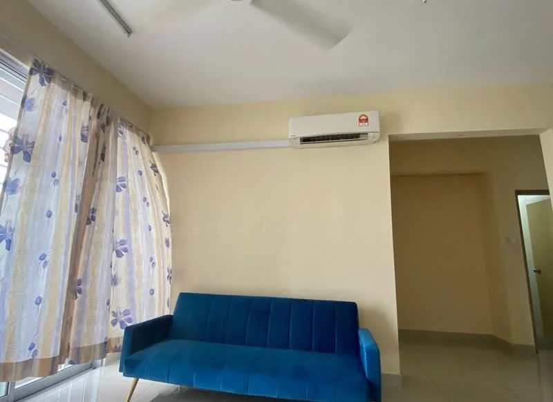 Living features: blue fabric sofa, ceiling fan, wall-mounted split AC, large window with sheer curtains, cream painted walls, tile flooring, neutral-colored ceiling, doorway leading to another room; style: modern.