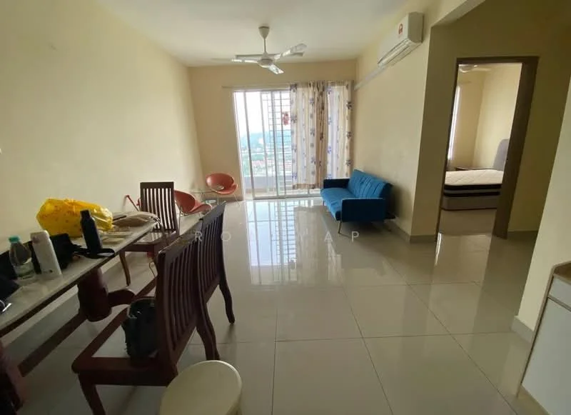 Living features: white painted walls, glossy tile flooring, 5-blade ceiling fan, floor-to-ceiling windows, curtains, sofa in blue, dining table with chairs, dining chairs in wood, air conditioning unit; style: modern; view: city. Room features: white painted walls, glossy tile flooring, bed with mattress, window, doorway leading to another room.
