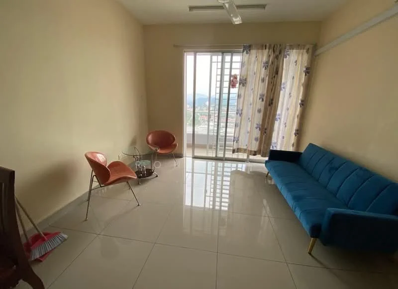 Living features: light beige painted walls, glossy white tile flooring, 5-blade ceiling fan, large sliding glass door, floor-to-ceiling windows, sheer curtains, blue fabric sofa, two orange accent chairs, glass coffee table, decorative wall with mountain view; style: modern; view: mountain.