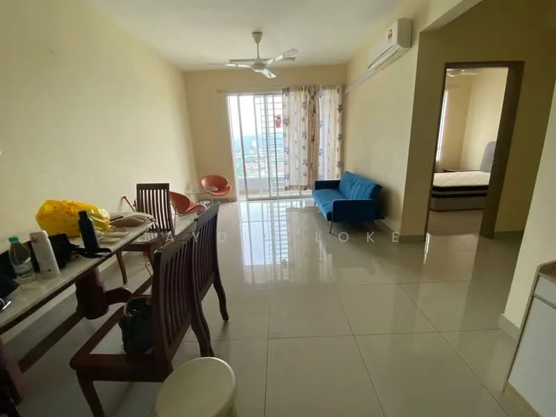 Living features: white painted walls, glossy ceramic tile flooring, floor-to-ceiling windows, curtains, sofa in blue fabric, dining table with chairs, air conditioning unit, decorative wall, view of the city, light fixture on ceiling; style: modern; view: city. Room features: white painted walls, glossy ceramic tile flooring, bed in background, window with curtains.