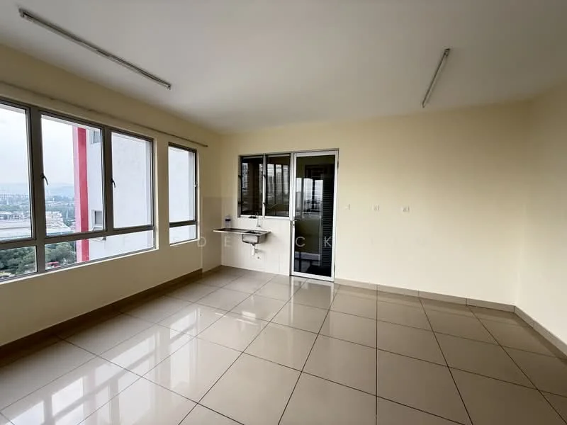 Room features: cream painted walls, glossy tile flooring, large windows with city view, sliding glass door, ceiling lights, open layout, balcony access, built-in countertop, neutral color scheme; style: modern; view: city.