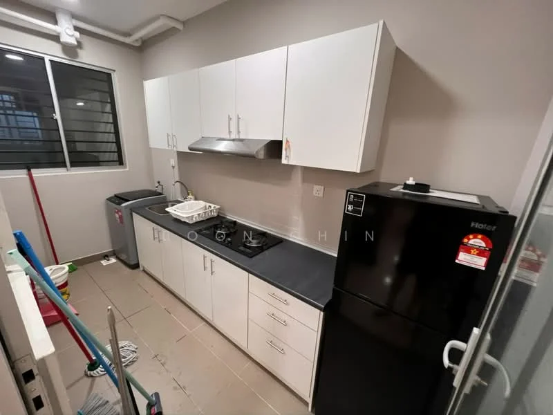 Kitchen features: white shaker cabinets, black countertop, stainless-steel sink, chrome pull-down faucet, built-in gas hob, stainless-steel range hood, fridge, front-load washing machine, tile flooring, grey painted walls, window with metal grille, open shelving; style: modern.