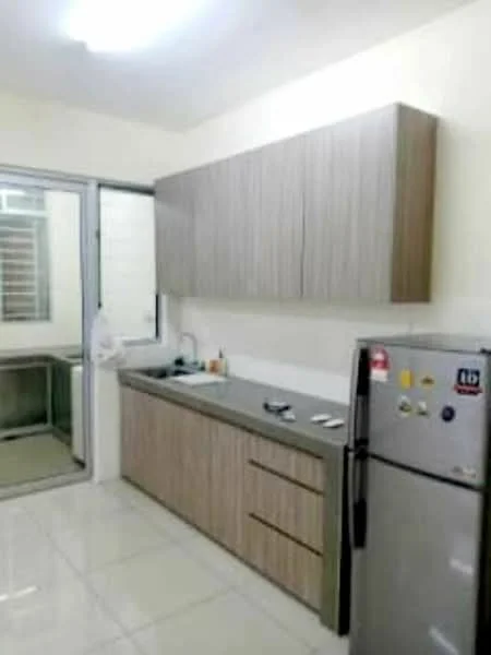 Kitchen features: laminate cabinetry in light wood finish, white quartz countertop, single-bowl stainless-steel sink, chrome pull-down faucet, built-in refrigerator, ceramic tile flooring, wall-mounted cabinets, window with grille, kitchen utensils on countertop; style: modern.