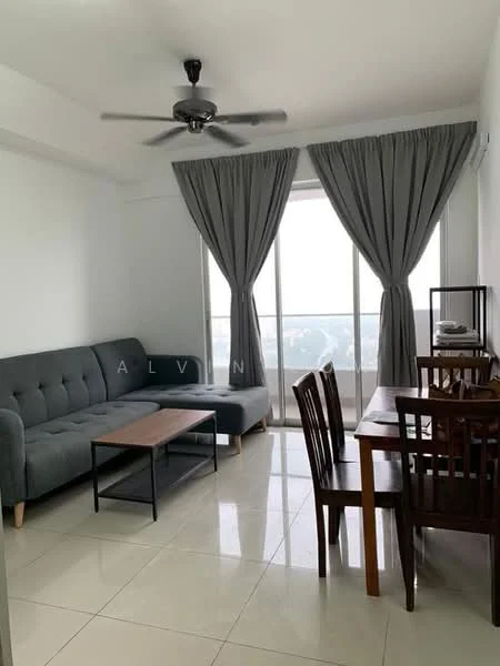 Living features: grey fabric L-shape sectional sofa, wood coffee table, wood dining table with four chairs, floor-to-ceiling windows, grey curtains, white painted walls, ceramic tile flooring, ceiling fan with light, city view; style: modern; view: city.
