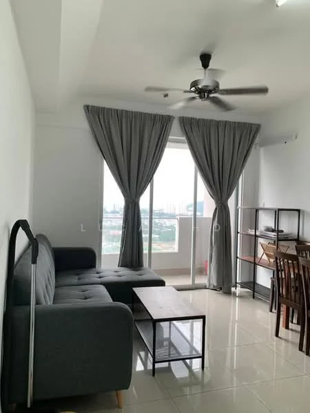 Living features: grey fabric sofa, coffee table with glass top, wooden dining table with chairs, floor-to-ceiling windows, sheer curtains, grey curtains, ceiling fan with light, glossy tile flooring, wall-mounted shelving unit; style: modern; view: city.