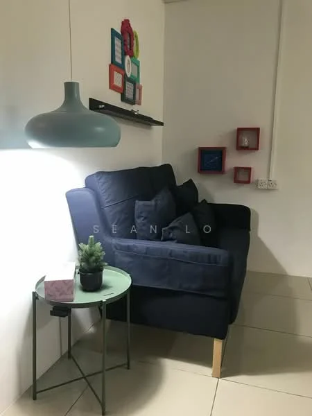 Living features: navy blue fabric sofa, decorative cushions, green side table, small potted plant, wall-mounted shelf, framed artwork, white painted walls, tile flooring, hanging pendant light; style: modern.