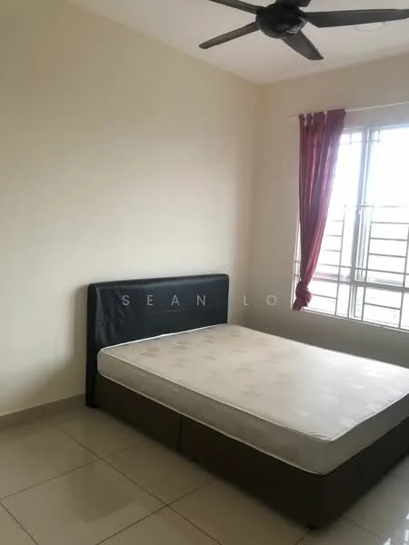 Bedroom features: queen-size bed, upholstered headboard, ceiling fan, floor-to-ceiling window, red curtains, cream painted walls, tile flooring.