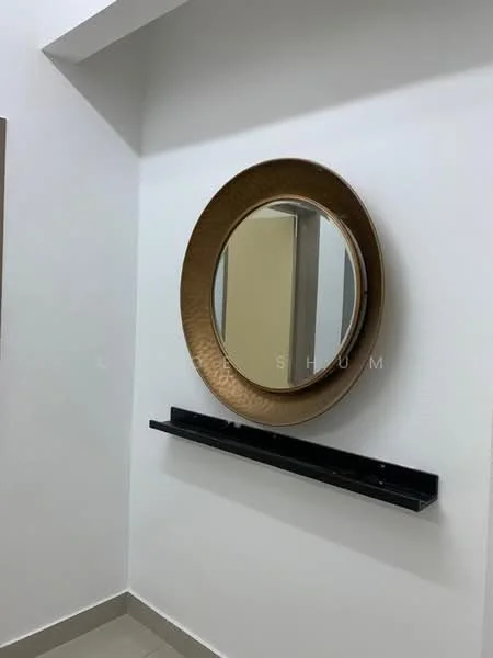 Room features: round mirror with textured frame, black wall shelf, white painted walls, light grey tile flooring; style: modern.