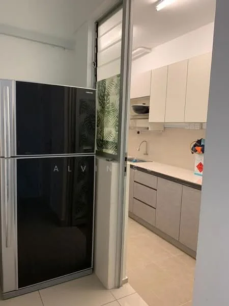 Kitchen features: stainless-steel fridge, white cabinetry, light grey countertops, single-bowl stainless-steel sink, chrome pull-down faucet, built-in oven, ceramic tile flooring, recessed downlights, wall-mounted extractor hood, open shelving, decorative wall with plant pattern; style: modern.