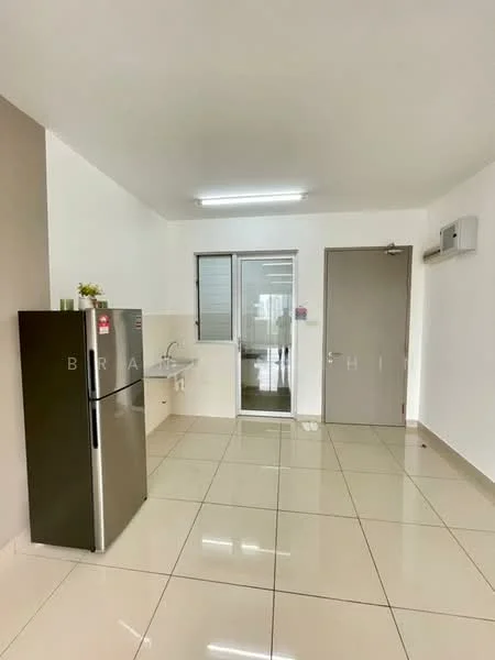 Kitchen features: black fridge, single-bowl stainless-steel sink, chrome pull-down faucet, white laminate countertop, cream painted walls, glossy tile flooring, wall-mounted split AC, glass door, door with handle, LED ceiling lights; style: modern.