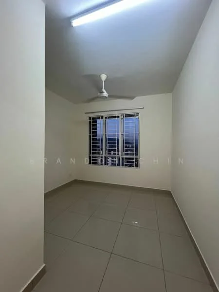 Room features: white painted walls, grey tiled flooring, ceiling fan, window with horizontal blinds, natural light from window, light fixture on ceiling.