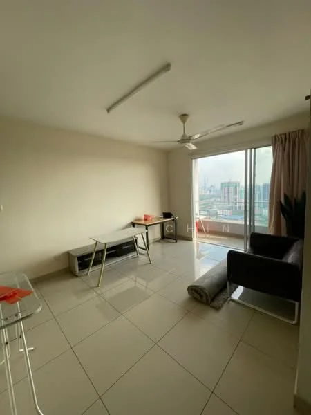 Living features: white painted walls, glossy ceramic tile flooring, 5-blade ceiling fan with light, floor-to-ceiling sliding glass door, curtains, sofa in dark color, coffee table, TV console, area rug, city view from window; style: modern; view: city.