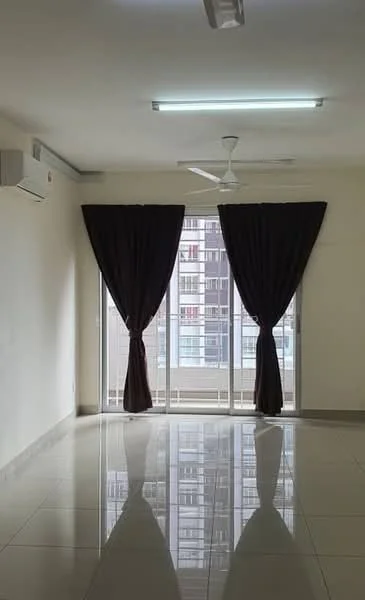Living features: white painted walls, polished tile flooring, 5-blade ceiling fan with light, floor-to-ceiling windows, blackout curtains, air conditioning unit, natural light from windows; style: modern; view: city.