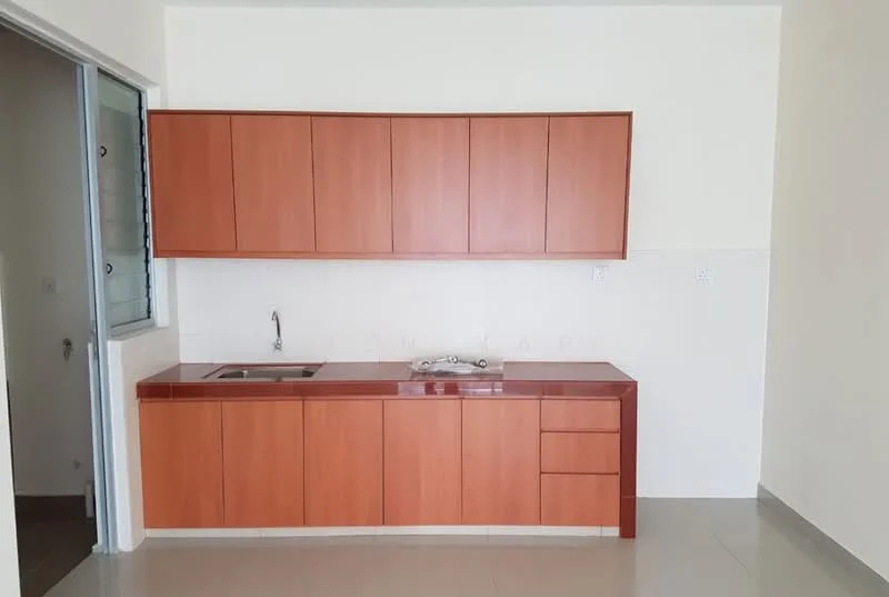 Kitchen features: brown wooden cabinetry, single-bowl stainless-steel sink, chrome pull-down faucet, white tiled backsplash, countertop with red laminate finish, built-in kitchen cabinet, floor tiles in light grey, window with metal grille; style: modern.