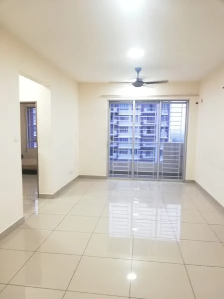 Living features: white painted walls, glossy ceramic tile flooring, 5-blade ceiling fan with light, floor-to-ceiling sliding glass door, window with metal grille, natural light from large window, neutral color scheme, open layout; style: modern.