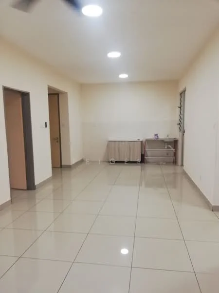 Room features: cream painted walls, glossy ceramic tile flooring, recessed LED downlights, 1 wall-mounted split AC, open shelving unit, neutral color scheme, doorway leading to another room, window with security bars; style: modern.