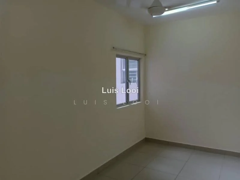 Room features: cream painted walls, tile flooring, single window, ceiling fan, LED ceiling light.
