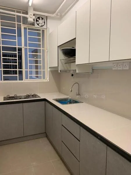 Kitchen features: grey cabinetry, white countertop, single-bowl stainless-steel sink, chrome pull-down faucet, built-in gas hob with 2 burners, wall-mounted exhaust fan, open shelving above countertop, tile backsplash, floor-to-ceiling window, grey tile flooring; style: modern.