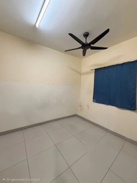 Room features: cream painted walls, grey tiled flooring, 5-blade ceiling fan, single window with blue curtain, LED ceiling lights.