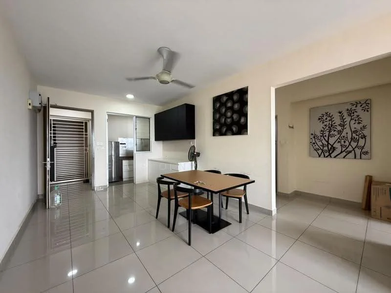 Dining features: 4-seater dining table, black dining chairs, ceiling fan, white painted walls, grey tiled flooring, wall-mounted artwork, open layout to kitchen, natural light from windows; style: modern. Kitchen features: white cabinetry, stainless-steel fridge, built-in oven, grey countertops, tile backsplash, open layout to dining area; style: modern.