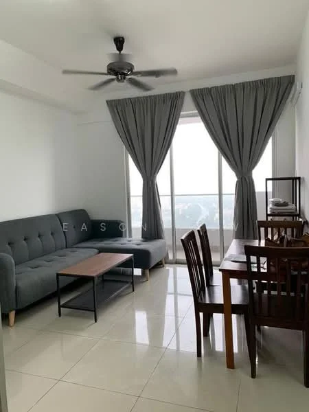 Living features: 3-seater fabric sofa in grey, wooden coffee table, 4-seater wooden dining table, 4 wooden dining chairs, floor-to-ceiling windows, grey curtains, ceiling fan, glossy tile flooring, white painted walls; style: modern; view: city.