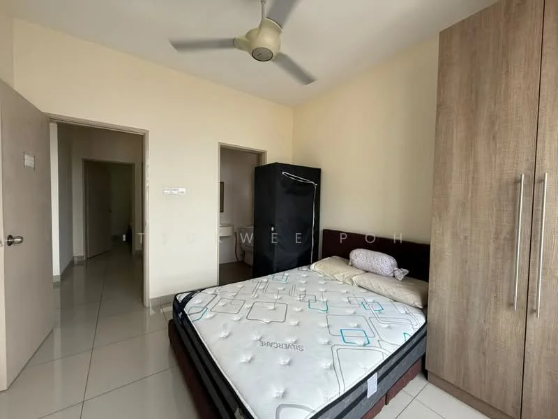 Bedroom features: queen-size bed with mattress, wooden headboard, built-in wardrobe with sliding doors, ceiling fan, white painted walls, glossy tile flooring, window with natural light, decorative pillow; style: modern. Room features: doorway leading to another room, doorway leading to hallway.