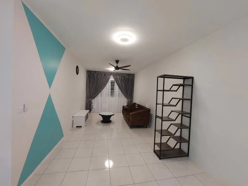 Living features: white painted walls, turquoise accent wall, white tiled flooring, 5-blade ceiling fan with light, grey curtains, brown fabric sofa, black coffee table, white side table, open shelving unit, wall clock; style: modern.