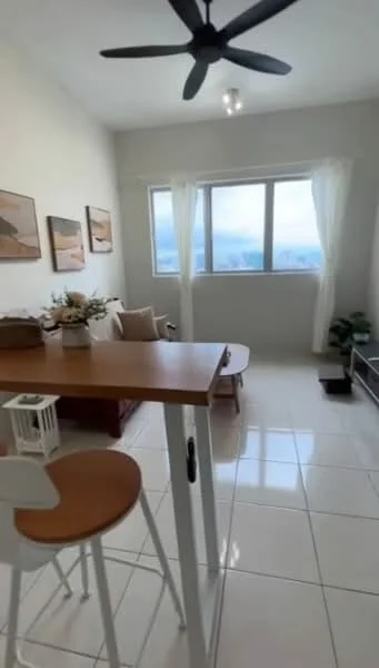 Living features: white painted walls, glossy white tile flooring, 5-blade ceiling fan, large window with sheer curtains, sofa, coffee table, TV console, decorative plants, framed artwork on walls, bar table with stools; style: modern; view: city.