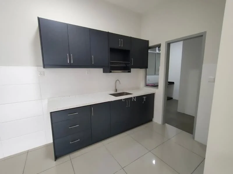 Kitchen features: dark wood cabinetry, white granite countertop, single-bowl stainless-steel sink, chrome pull-down faucet, ceramic tile backsplash, built-in shelving, stainless-steel appliances, grey tiled flooring, recessed downlights; style: modern.
