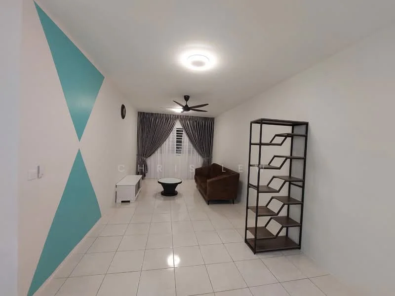 Living features: white painted walls, accent wall in teal, ceramic tile flooring, recessed ceiling light, 5-blade ceiling fan, curtains in grey, brown fabric sofa, black coffee table, metal shelving unit; style: modern.