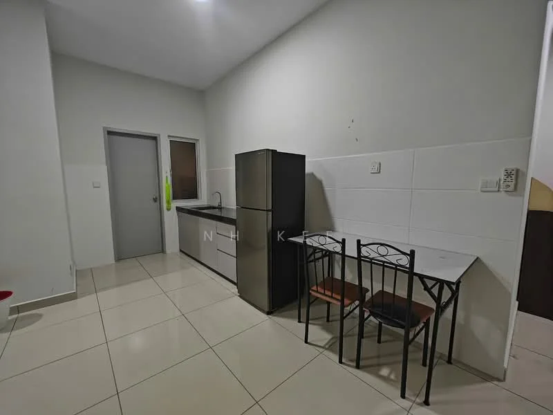 Kitchen features: white tiled walls, cream ceramic tile flooring, single-bowl stainless-steel sink, chrome pull-down faucet, grey cabinetry, black refrigerator, dining table with 4 chairs, window with sheer curtains; style: modern.