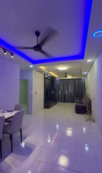 Room features: white painted walls, glossy tile flooring, recessed downlights, ceiling fan, LED strip lighting, grey curtains, black entertainment unit, dining table with chairs; style: modern.
