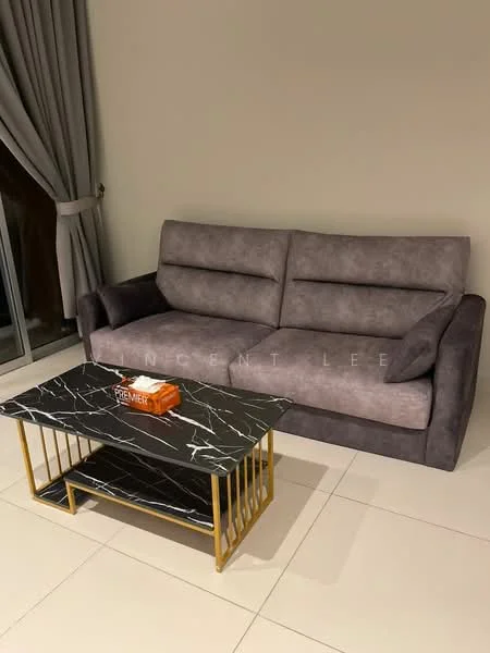 Living features: 3-seater fabric sofa in grey, gold metal coffee table with black marble top, floor-to-ceiling windows, curtains in grey, cream tiled flooring, neutral painted walls; style: modern.