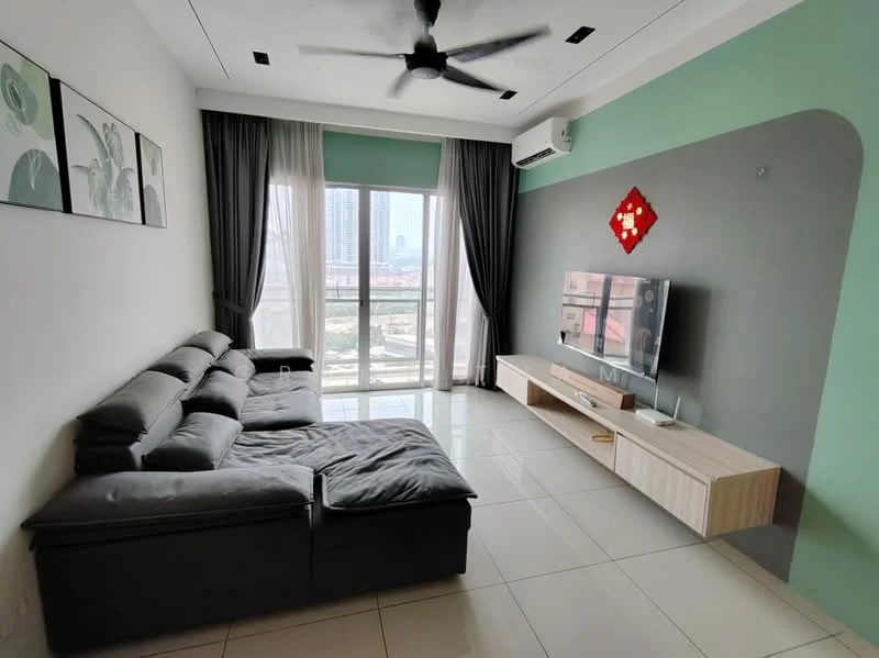 Living features: L-shape sectional sofa in grey, wall-mounted TV, TV console in light wood, white walls, green accent wall, floor-to-ceiling windows, sheer curtains, recessed downlights, ceiling fan, decorative wall art, glossy tile flooring; style: modern; view: city.