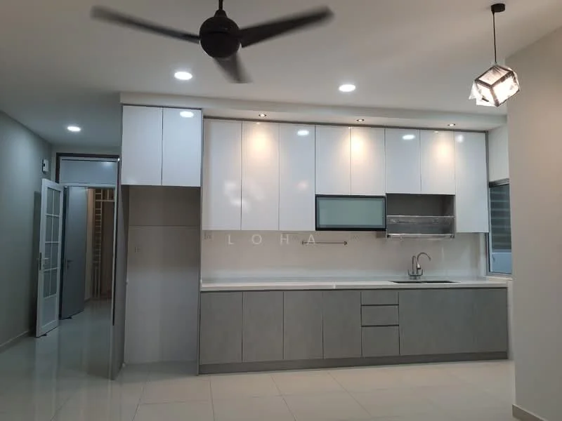 Kitchen features: white upper cabinets, grey lower cabinets, single-bowl stainless-steel sink, chrome pull-down faucet, white countertop, recessed downlights, 5-blade ceiling fan with light, tile flooring, window with horizontal blinds, open layout, kitchen island, built-in oven; style: modern.