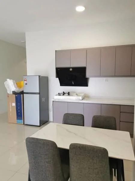 Kitchen features: grey cabinetry, white marble countertop, black glass backsplash, stainless-steel fridge, freestanding gas stove with 2 burners, white sink, tile flooring, recessed ceiling lights; style: modern.