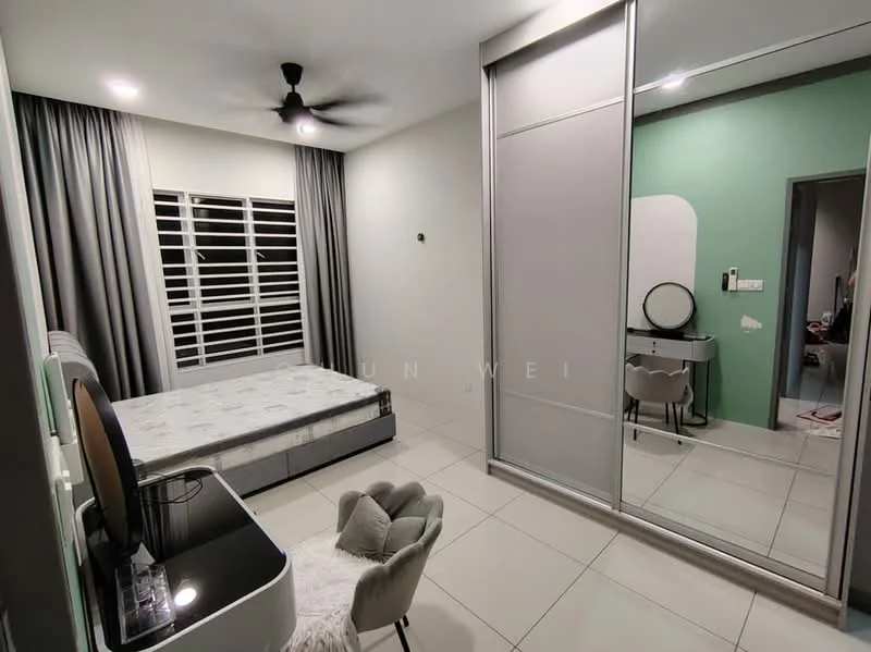 Bedroom features: queen-size bed, light grey upholstered headboard, white bedding, 2 bedside tables, wall-mounted TV, dressing table with mirror, grey chair, built-in wardrobe with sliding doors, floor-to-ceiling windows with white blinds, ceiling fan with light, light grey walls, white tiled flooring; style: modern.