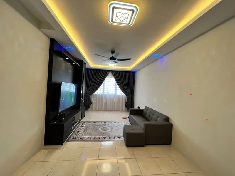 Living features: grey fabric sofa, area rug with geometric pattern, wall-mounted TV, black TV console, recessed ceiling lights, 5-blade ceiling fan with light, curtains, white painted walls, tile flooring, decorative ceiling with LED strip lighting; style: modern.