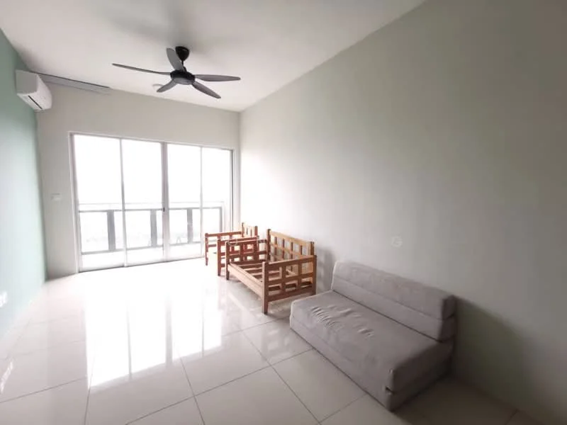 Living features: light grey painted walls, white ceiling, 5-blade ceiling fan, floor-to-ceiling windows, sliding glass door, white ceramic tile flooring, two wooden chairs, one fabric sofa, natural light from windows; style: modern; view: city.