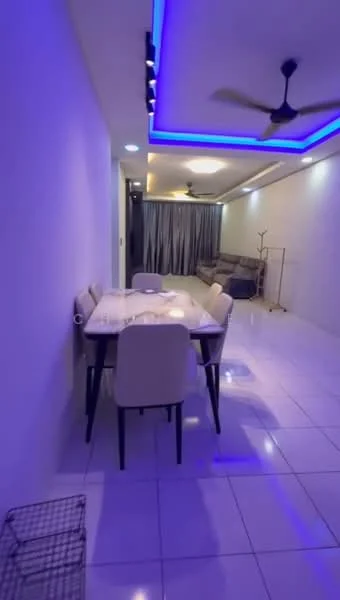 Dining features: white walls, glossy tile flooring, 6-seater dining table with marble top, upholstered dining chairs, recessed downlights, blue LED strip lighting, ceiling fan, curtains, sofa in background, decorative floor lamp; style: modern.