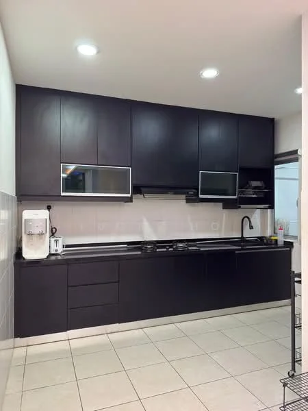 Kitchen features: black cabinetry, stainless-steel sink, chrome pull-down faucet, built-in oven, freestanding range oven, white tiled backsplash, recessed LED downlights, ceramic tile flooring, countertop with integrated storage, microwave, kitchen island, open shelving; style: modern.