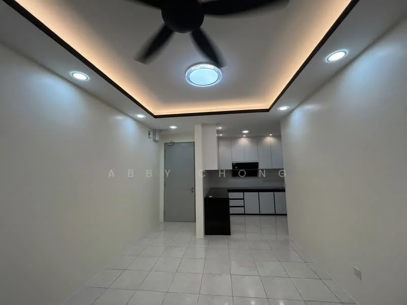 Living features: white painted walls, glossy tile flooring, recessed LED downlights, 5-blade ceiling fan, kitchen area with cabinets, black countertop, built-in microwave, stainless-steel fridge; style: modern.