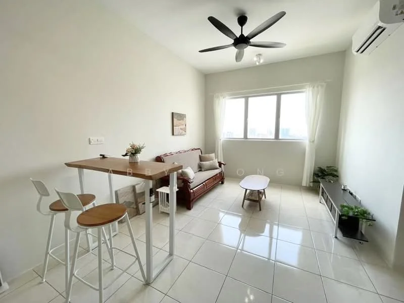 Living features: white painted walls, glossy tile flooring, 5-blade ceiling fan with light, floor-to-ceiling window, sheer curtains, sofa in brown, wooden coffee table, 2 bar stools, small decorative plant, TV console, decorative wall art; style: modern; view: city.