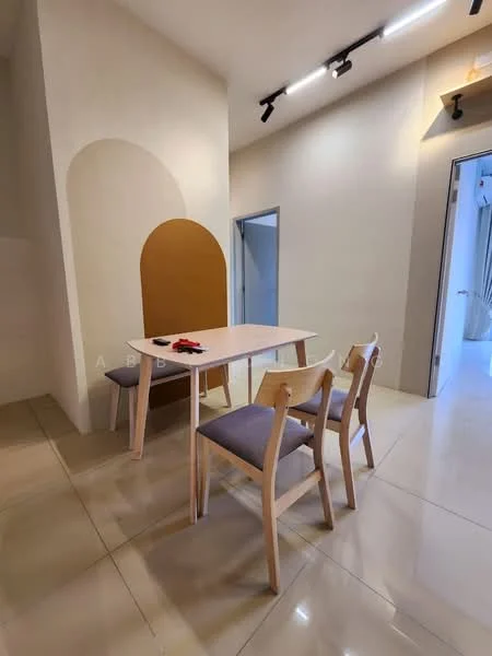 Dining features: light-colored wooden dining table, four wooden dining chairs with grey upholstery, cream painted walls, glossy tile flooring, recessed lighting, arched wall feature, open doorway leading to another room, minimalist decor; style: modern.