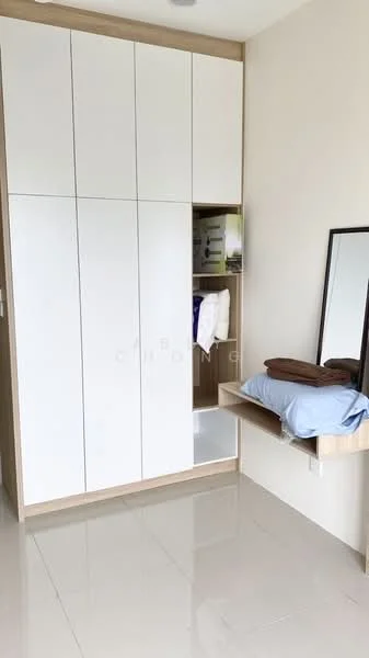 Room features: built-in wardrobe with white cabinet doors, wooden shelving, full-length mirror, light-colored wall, glossy tile flooring; style: modern.